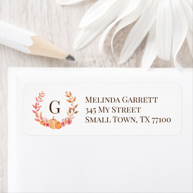 Pumpkin Floral Initial Monogram Fall Thanksgiving Label (Insitu)