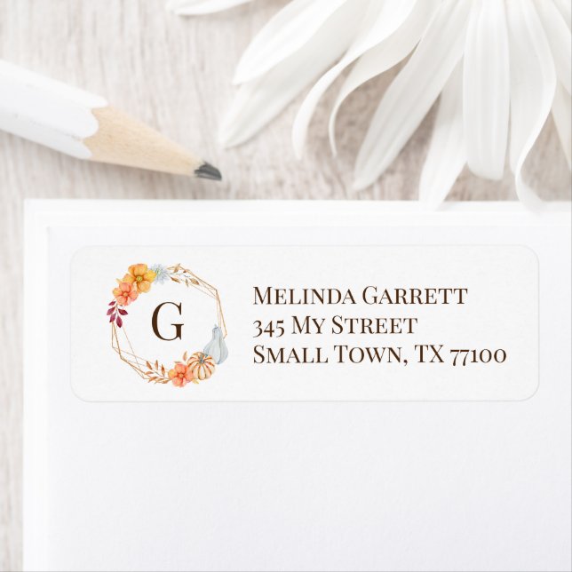 Pumpkin Floral Initial Monogram Fall Thanksgiving  Label (Insitu)