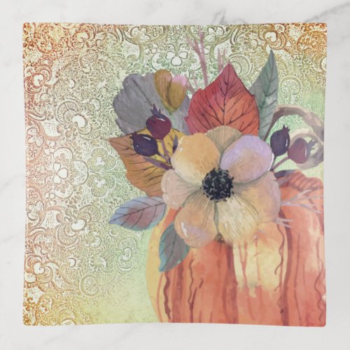 Pumpkin floral lace fall elegant orange green plum trinket tray