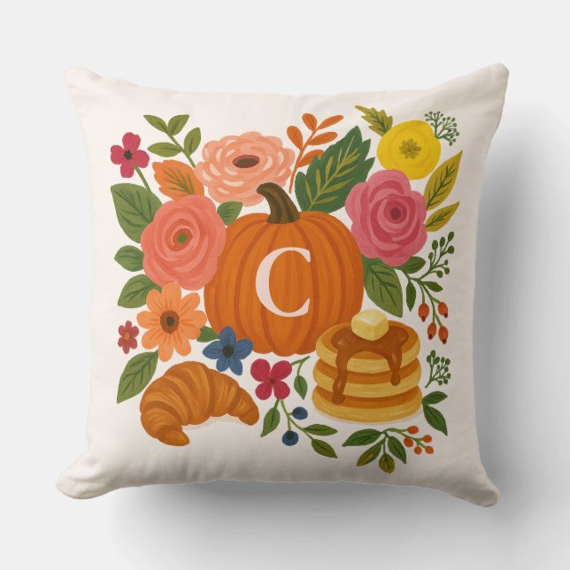 Pumpkin Floral Monogram Throw Pillow (Front)