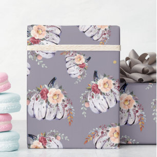 Pumpkin floral purple gray watercolor pattern fall wrapping paper