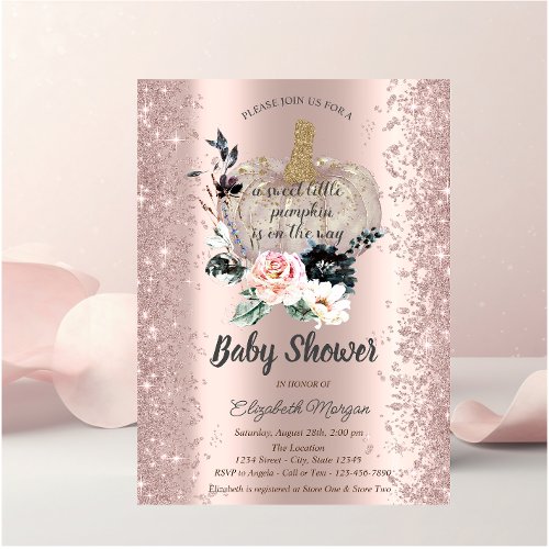 PumpkinFloralRose Gold Sparkle Baby Shower Invitation