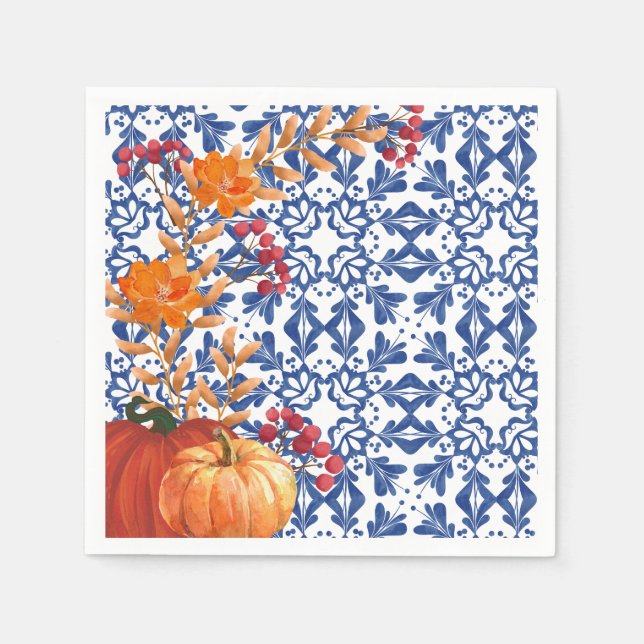 Pumpkin floral Rustic Fall Plaid Vintage Napkins (Front)