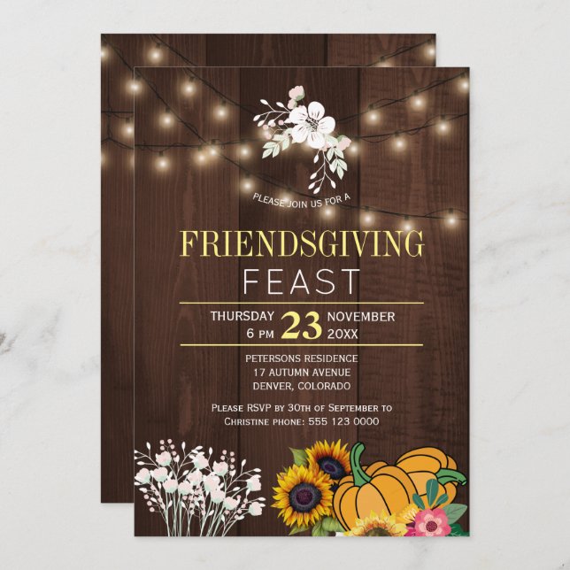 Pumpkin Floral Rustic Wood Lights Friendsgiving Invitation (Front/Back)