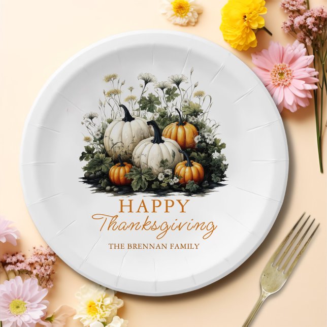 Pumpkin Floral Thanksgiving Dinner Paper Plates (Creator Uploaded)