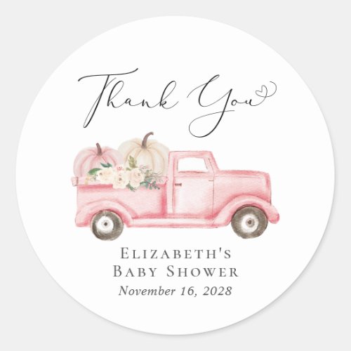 Pumpkin Floral Truck Baby Girl Shower Thank You Classic Round Sticker