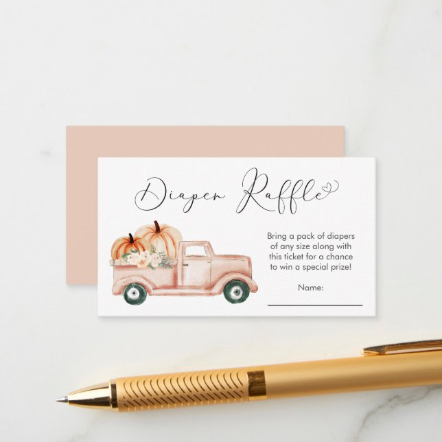 Pumpkin Floral Truck Baby Shower Diaper Raffle Enclosure Card (Front/Back In Situ)