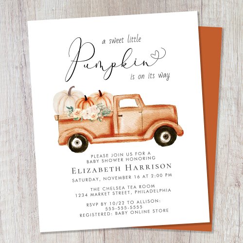 Pumpkin Floral Truck Baby Shower Invitation