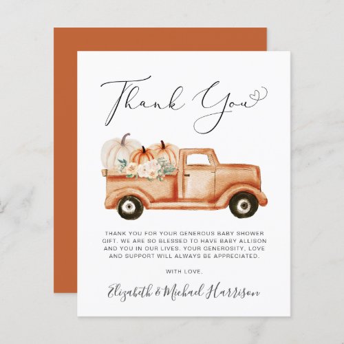 Pumpkin Floral Truck Baby Shower Thank You Card