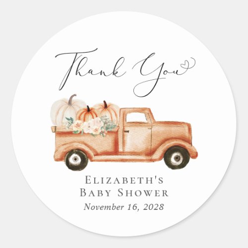Pumpkin Floral Truck Baby Shower Thank You Classic Round Sticker