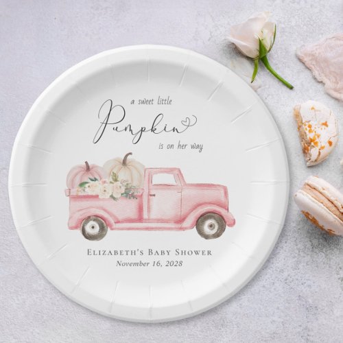 Pumpkin Floral Truck Watercolor Baby Girl Shower Paper Plates