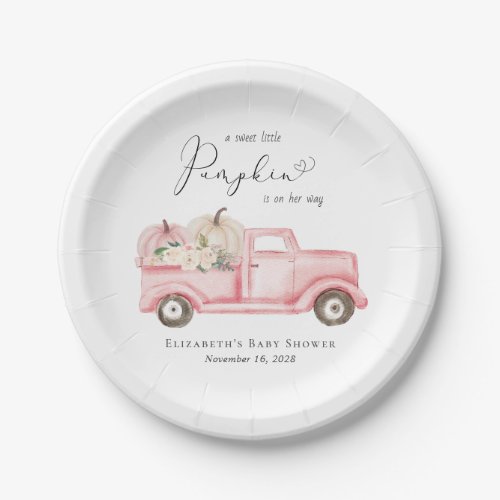 Pumpkin Floral Truck Watercolor Baby Girl Shower Paper Plates