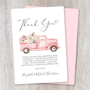 Pumpkin Floral Truck Watercolor Baby Girl Shower Thank You Card