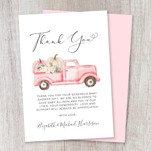 Pumpkin Floral Truck Watercolor Baby Girl Shower Thank You Card