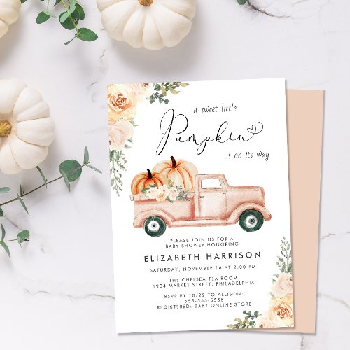 Pumpkin Floral Truck Watercolor Baby Shower Invitation