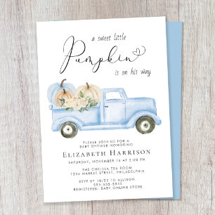 Pumpkin Floral Vintage Truck Baby Boy Shower Invitation