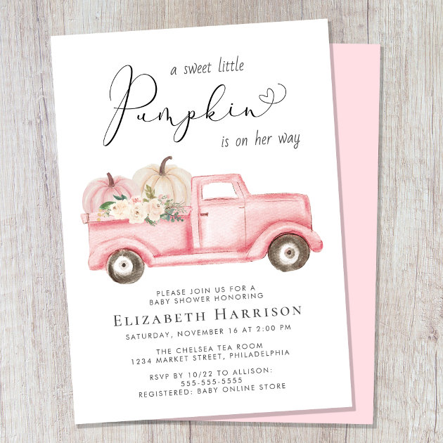 Pumpkin Floral Vintage Truck Baby Girl Shower Invitation Zazzle