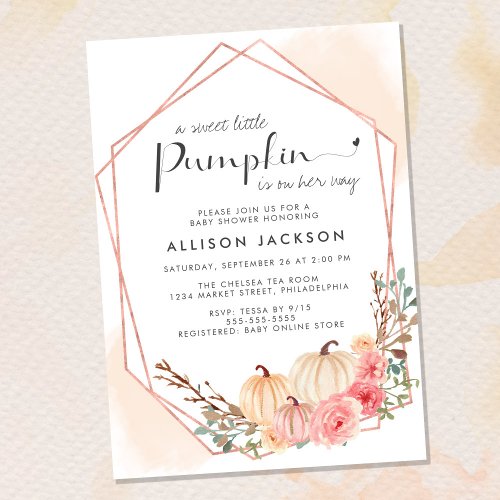 Pumpkin Floral Watercolor Baby Girl Shower Invitation