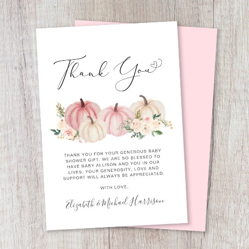 Pumpkin Floral Watercolor Baby Girl Shower Thank You Card