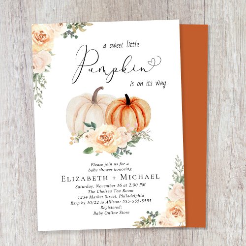 Pumpkin Floral Watercolor Couples Baby Shower Invitation