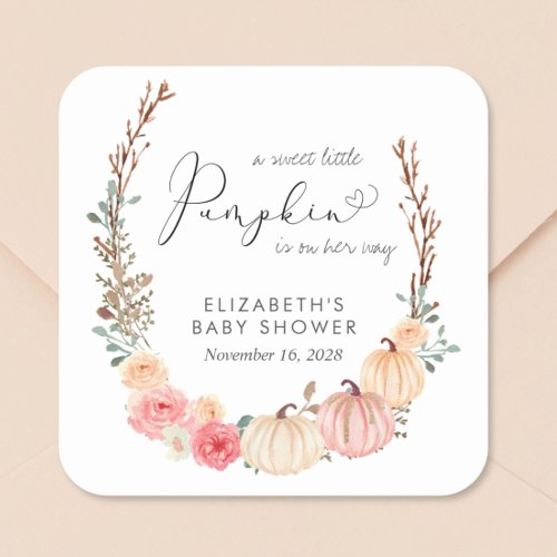 Pumpkin Floral Watercolor Girl Baby Shower Square Sticker