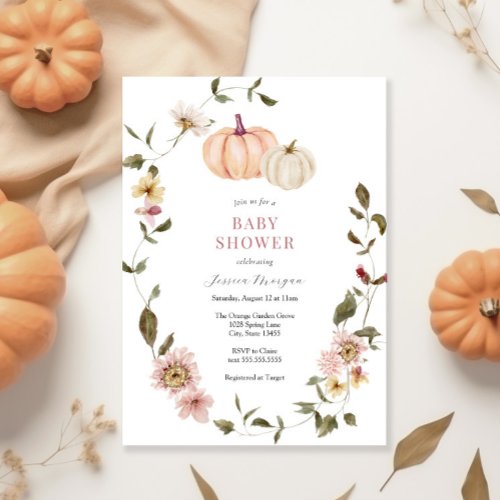 Pumpkin Floral Wreath Baby Shower Invitation