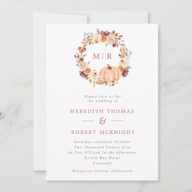 Pumpkin Floral Wreath Monogram Wedding Invitation (Front)