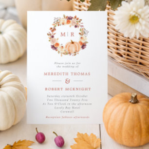 Pumpkin Floral Wreath Monogram Wedding Invitation