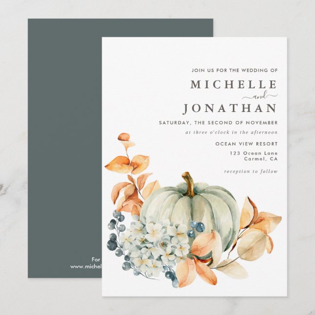 Pumpkin & Florals Wedding Invitation Fall Colors (Front/Back)