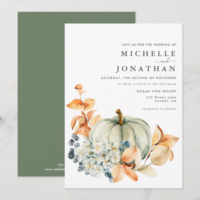 Pumpkin & Florals Wedding Invitation Fall Colors (Front/Back)