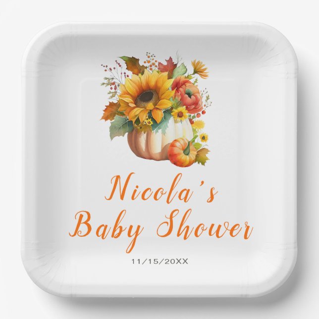 Pumpkin Flower Bouquet Baby Shower Paper Plates (Front)