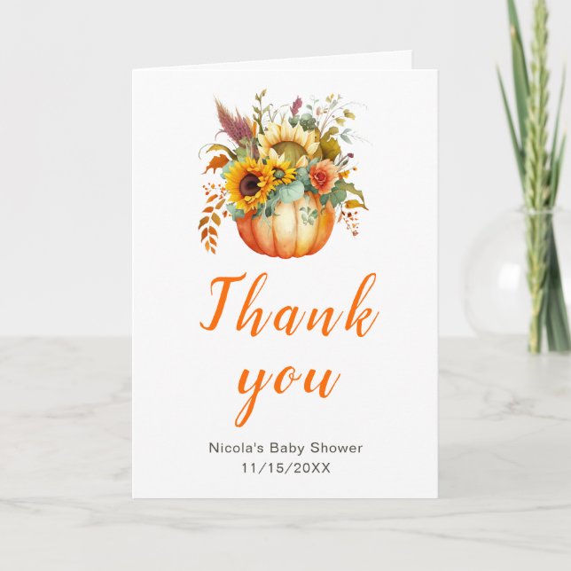 Pumpkin Flower Bouquet Baby Shower Thank You Card (Front)