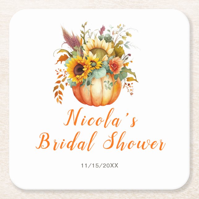 Pumpkin Flower Bouquet Bridal Shower Square Paper Coaster (Front)