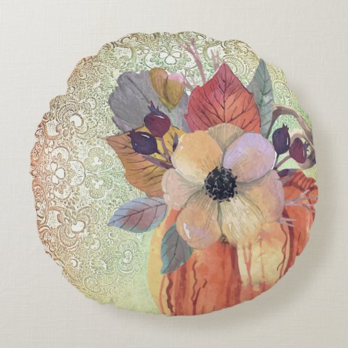 Pumpkin flowers and lace fall elegant  round pillow