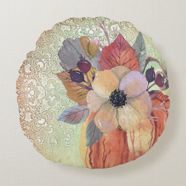 Pumpkin flowers and lace fall elegant  round pillow (Front)