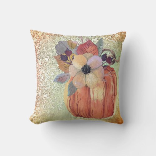 Pumpkin flowers and lace fall elegant  throw pillow