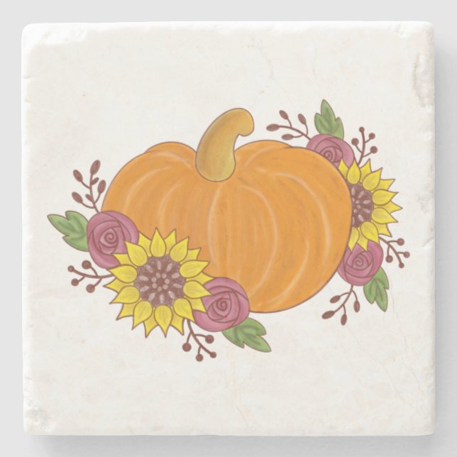 Pumpkin flowers autumn fall beautiful painted stone coaster (Front)