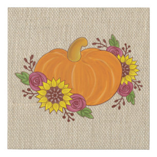 Pumpkin flowers autumn fall burlap painted faux canvas print
