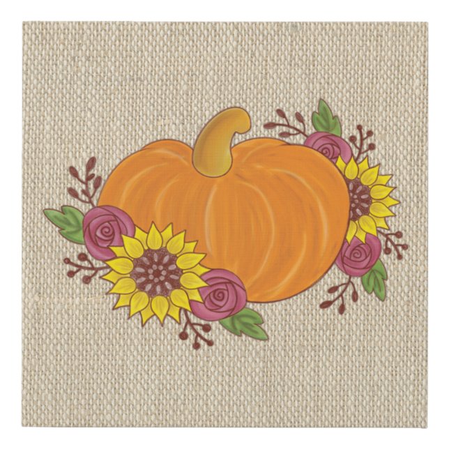 Pumpkin flowers autumn fall burlap painted faux canvas print (Front)