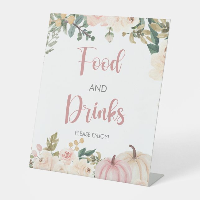 Pumpkin Food and Drinks Baby Shower Pedestal Sign (Front)