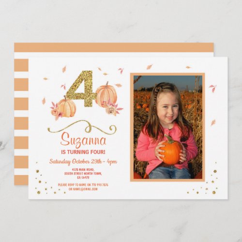 Pumpkin FOUR Birthday 4th Fall Party Photo Invite