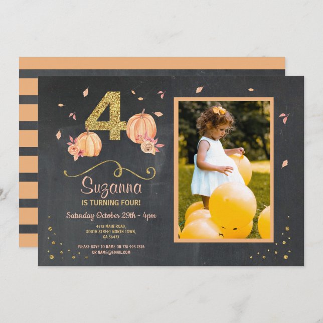 Pumpkin FOUR Birthday 4th Fall Party Photo Invite (Front/Back)