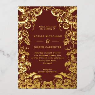 Pumpkin Frame Fall Wedding Burgundy & Gold Foil Invitation