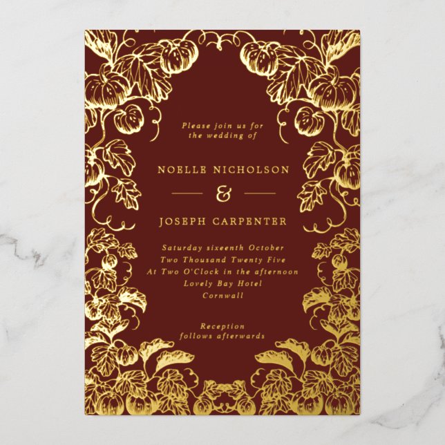 Pumpkin Frame Fall Wedding Burgundy & Gold Foil Invitation (Front)