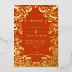 Pumpkin Frame Fall Wedding Burnt Orange & Gold Foil Invitation