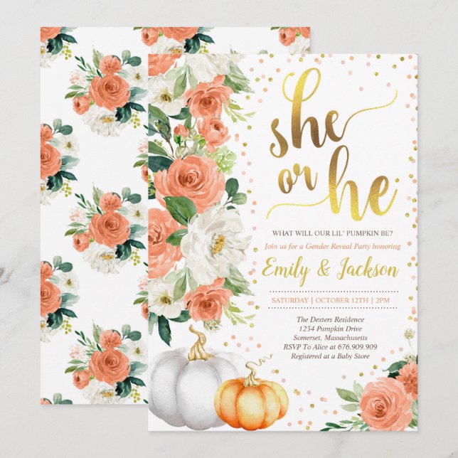 Pumpkin Gender Reveal Invitation Fall Baby Reveal (Front/Back)