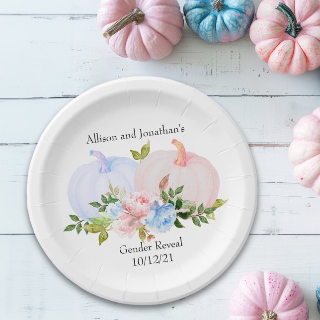 Pumpkin Gender reveal Pink Blue Autumn Custom Paper Plates (Creator Uploaded)