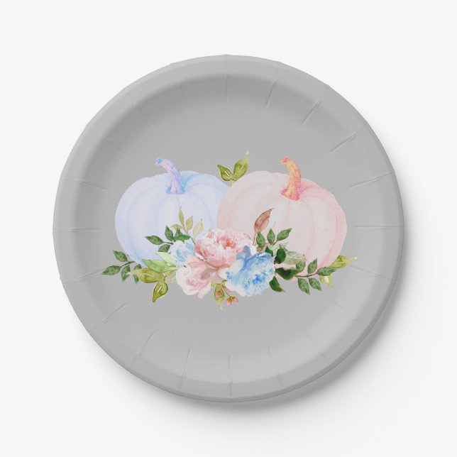 Pumpkin Gender reveal Pink Blue Autumn Paper Plates (Front)