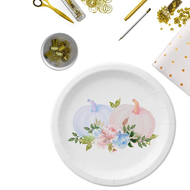 Pumpkin Gender reveal Pink Blue Autumn Paper Plates (Creator Uploaded)