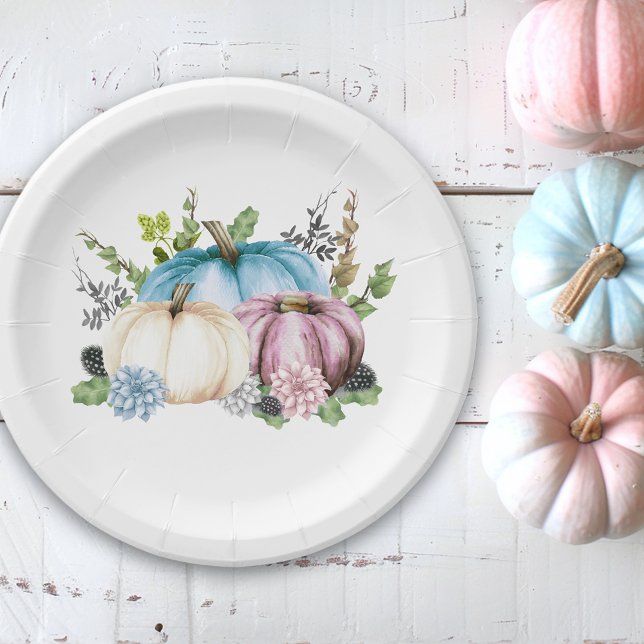 Pumpkin Gender reveal Pink Blue Pumpkins Paper Plates (Creator Uploaded)